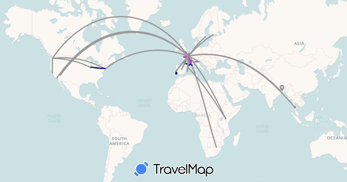 TravelMap itinerary: driving, bus, plane, train in Switzerland, Spain, Finland, France, United Kingdom, India, Italy, Kenya, Poland, Portugal, Sweden, Thailand, United States, South Africa (Africa, Asia, Europe, North America)